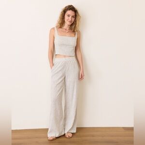 Marine Layer Cream Navy Blue Allison Hemp Striped Wide-Leg Trousers Size Medium